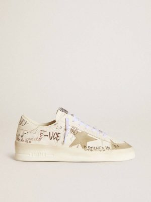 Women Golden Goose Stardan Stardan With Beige Suede Star And Toe And All-Over Lettering And Patterns - 1