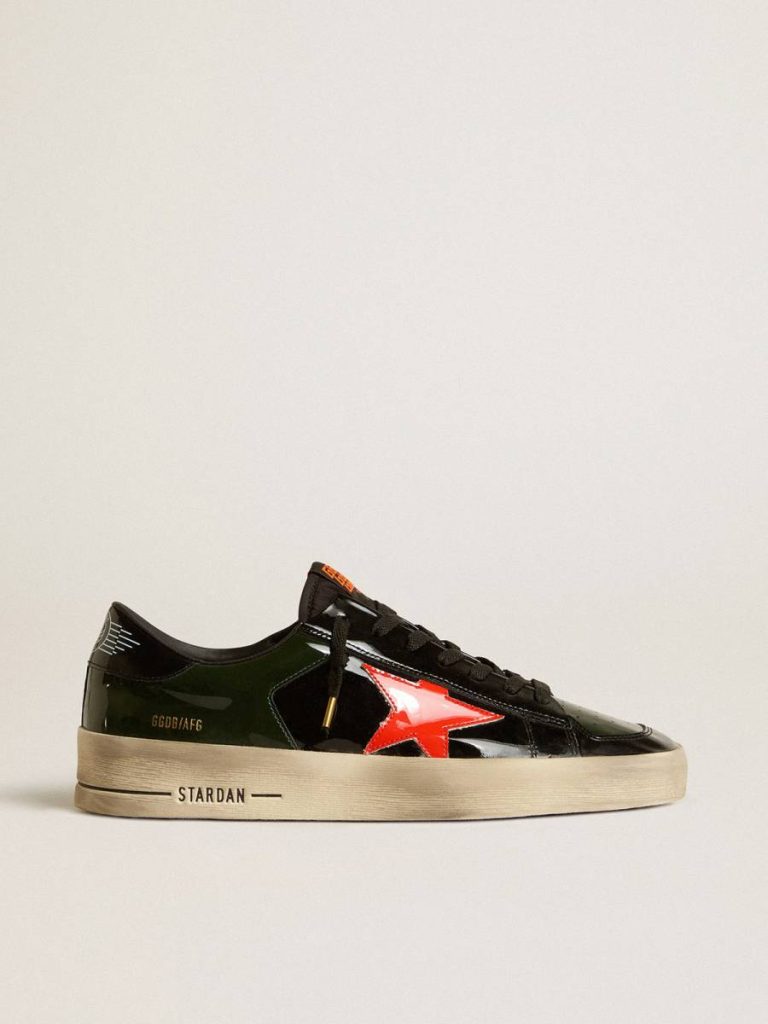 Women Golden Goose Stardan Women's Stardan Lab In Black And Green Patent Leather With Orange Star - 1