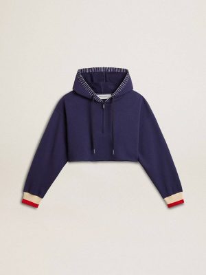 Women Golden Goose Sweatshirts Eclipse Blue Dark Blue Cropped Sweatshirt With Zip Fastening And Embroidered Hood - 1