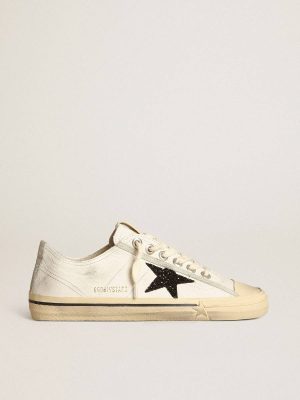 Women Golden Goose V-Star V-Star In White Nappa Leather With A Black Glitter Star - 1