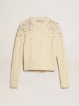 Women Golden Goose Women's Cropped Worn-White Sweater With Decorative Crystals Knitwear White - 1