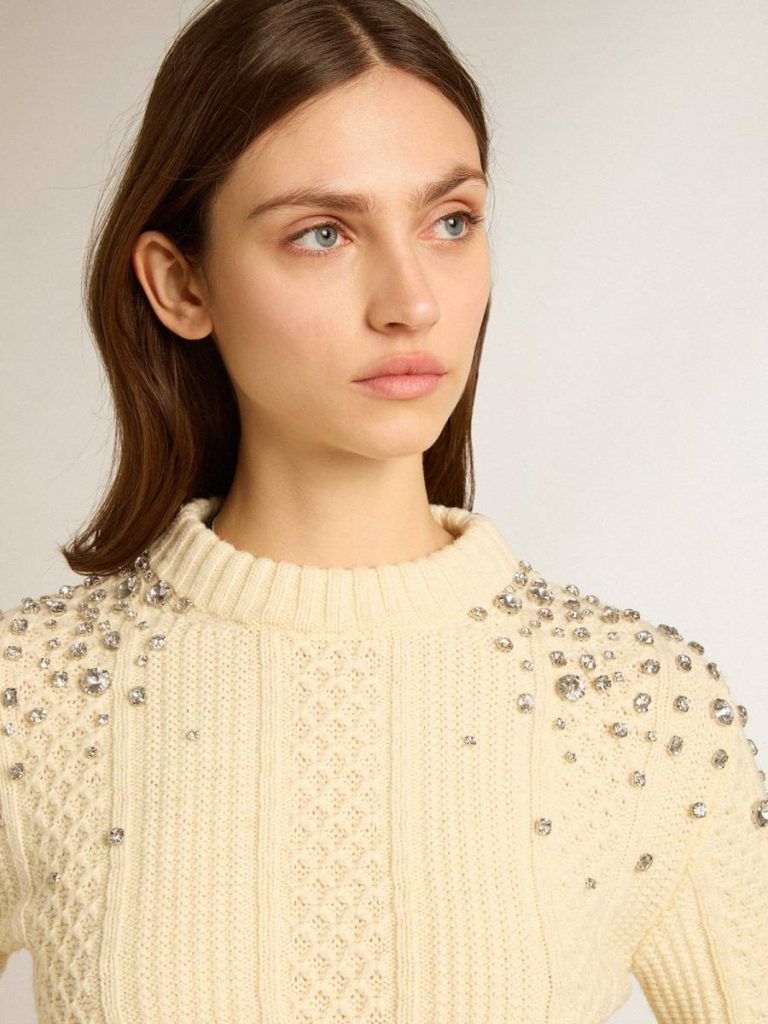 Women Golden Goose Women's Cropped Worn-White Sweater With Decorative Crystals Knitwear White - 2