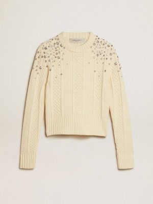 Women Golden Goose Women's Cropped Worn-White Sweater With Decorative Crystals Knitwear White - 1