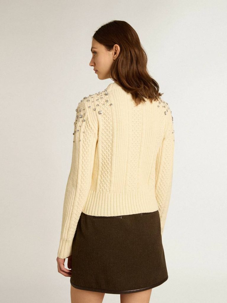 Women Golden Goose Women's Cropped Worn-White Sweater With Decorative Crystals Knitwear White - 4
