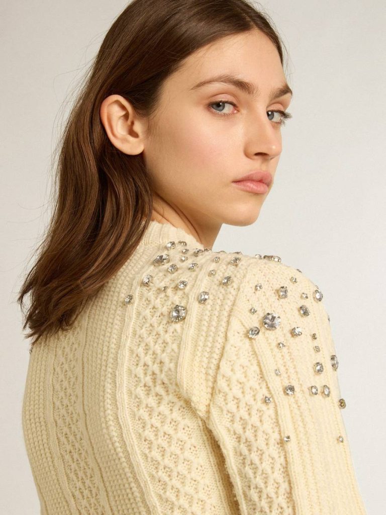 Women Golden Goose Women's Cropped Worn-White Sweater With Decorative Crystals Knitwear White - 5