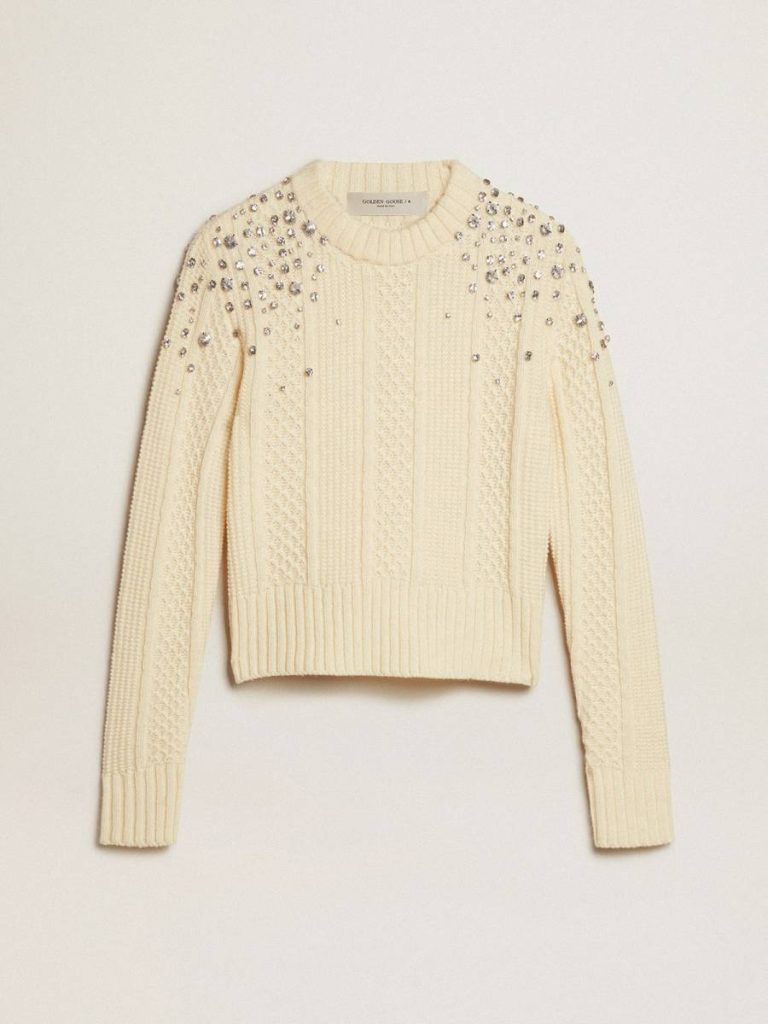 Women Golden Goose Women's Cropped Worn-White Sweater With Decorative Crystals Knitwear White - 1