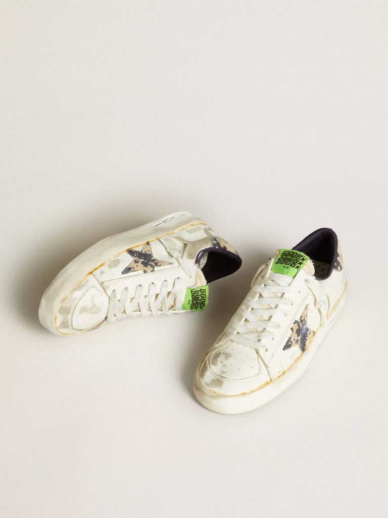 Women Golden Goose Women’s Stardan Lab In White Leather With A Camouflage Star And Heel Tab Stardan - 2