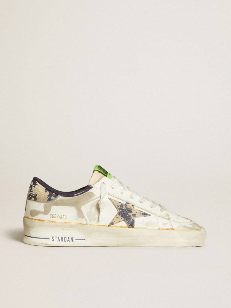 Women Golden Goose Women’s Stardan Lab In White Leather With A Camouflage Star And Heel Tab Stardan - 1