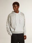 Women Gray Hooded Sweatshirt With Crystal Decoration Golden Goose Gray Sweatshirts - 2