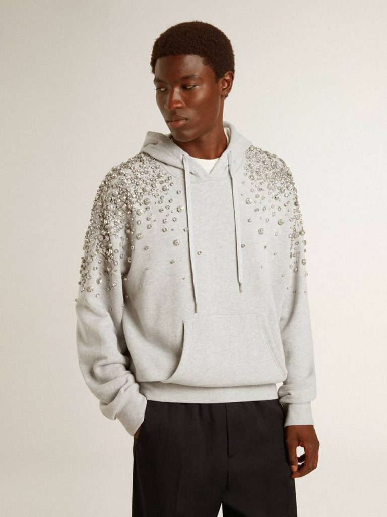 Women Gray Hooded Sweatshirt With Crystal Decoration Golden Goose Gray Sweatshirts - 2