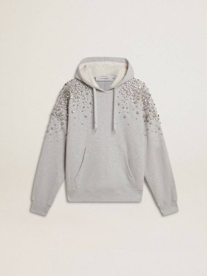 Women Gray Hooded Sweatshirt With Crystal Decoration Golden Goose Gray Sweatshirts - 1