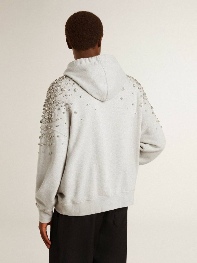 Women Gray Hooded Sweatshirt With Crystal Decoration Golden Goose Gray Sweatshirts - 4
