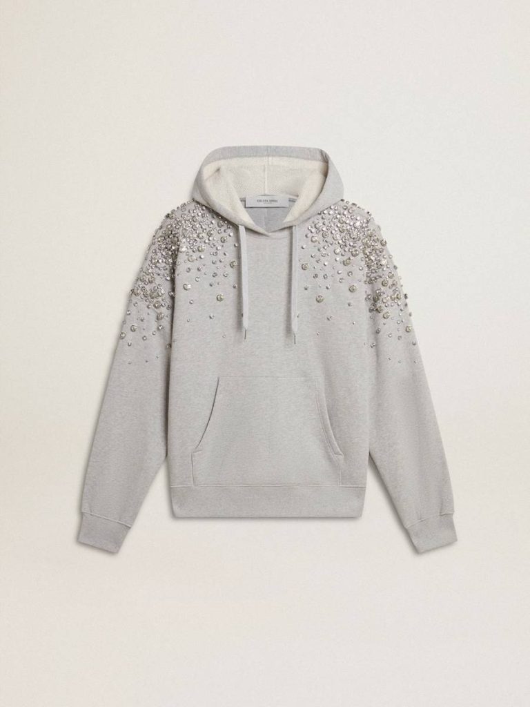 Women Gray Hooded Sweatshirt With Crystal Decoration Golden Goose Gray Sweatshirts - 1
