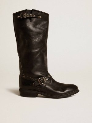 Women High Biker Boots In Black Leather With Silver Studs And Buckles Black Golden Goose Boots - 1
