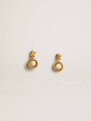 Women Jewelry Earrings With Gold Star And Pearl Antique Gold Golden Goose - 1