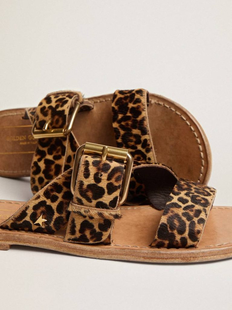 Women Margaret Flat Sandals In Leopard-Print Pony Skin Golden Goose Sandals - 5