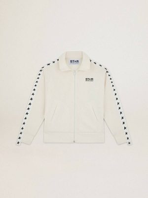 Women Papyrus White Golden Goose Women’s White Zipped Sweatshirt With White Strip And Black Stars Sweatshirts - 1