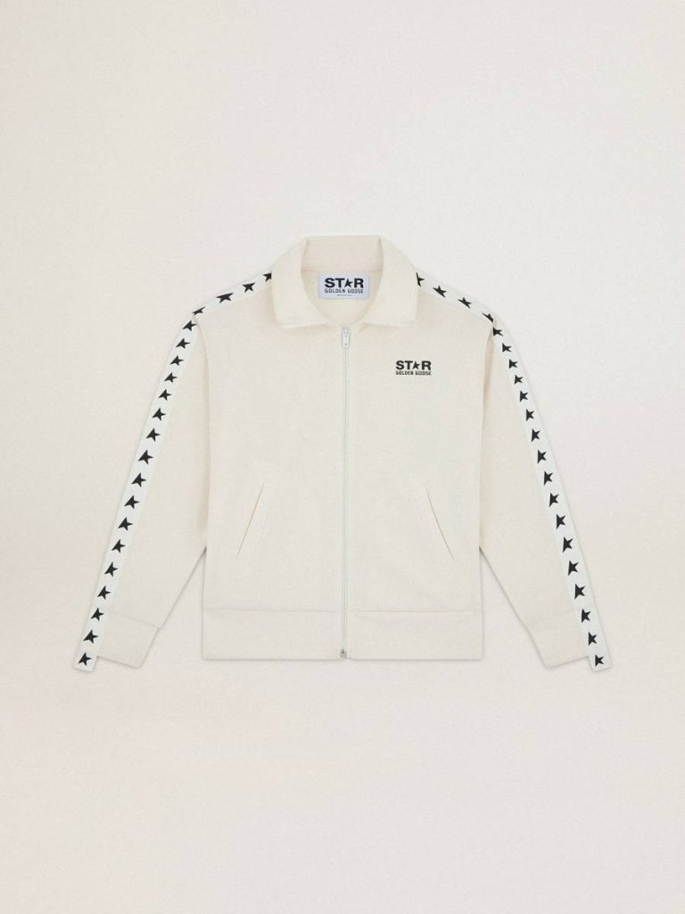 Women Papyrus White Golden Goose Women’s White Zipped Sweatshirt With White Strip And Black Stars Sweatshirts - 1
