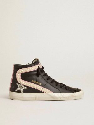 Women Slide Ltd With Platinum Glitter Star And Suede Flash With Pearls Slide Black Golden Goose - 1