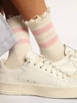 Women Socks Golden Goose Distressed-Finish White Socks With Baby-Pink Logo And Stripes Papyrus White - 3