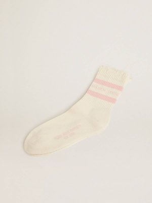 Women Socks Golden Goose Distressed-Finish White Socks With Baby-Pink Logo And Stripes Papyrus White - 1