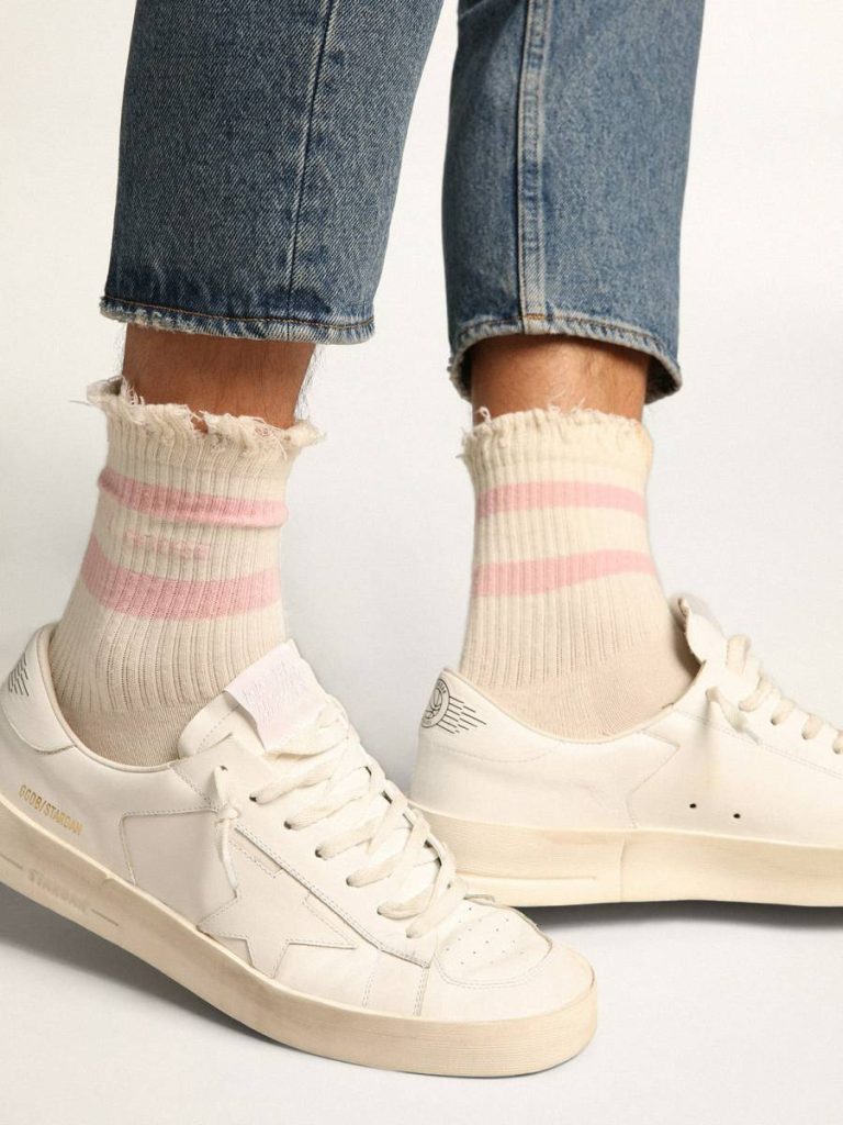 Women Socks Golden Goose Distressed-Finish White Socks With Baby-Pink Logo And Stripes Papyrus White - 4