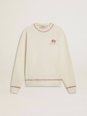 Women Sweatshirts Golden Goose Cny Sweatshirt In Worn-White Cotton With Red Embroidery Worn White - 1