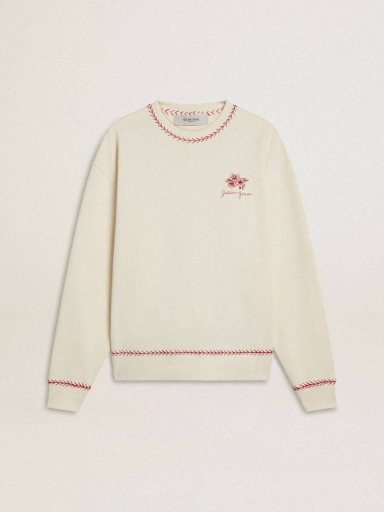 Women Sweatshirts Golden Goose Cny Sweatshirt In Worn-White Cotton With Red Embroidery Worn White - 1