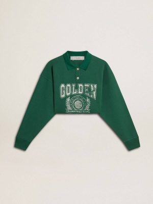 Women Sweatshirts Golden Goose Green Women's Green Cropped Polo Sweatshirt With Print - 1