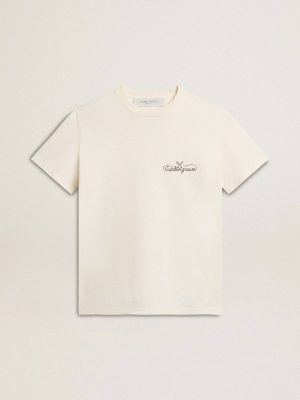Women T-Shirts & Tops Golden Goose Aged White Women’s T-Shirt In Aged White With Logo On The Chest - 1