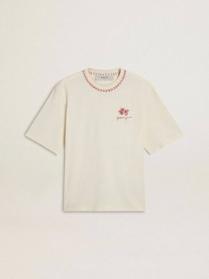 Women T-Shirts & Tops Worn White Golden Goose Cny Worn-White Sleeveless T-Shirt With Red Embroidery - 1