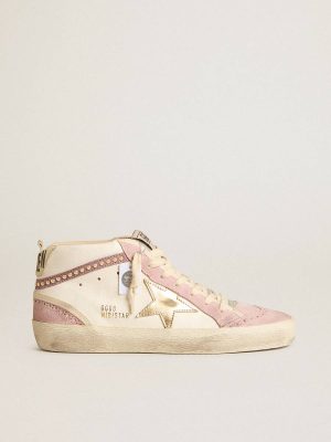Women White Golden Goose Mid Star Mid Star With Gold Leather Star And Pink Suede Flash With Pearls - 1