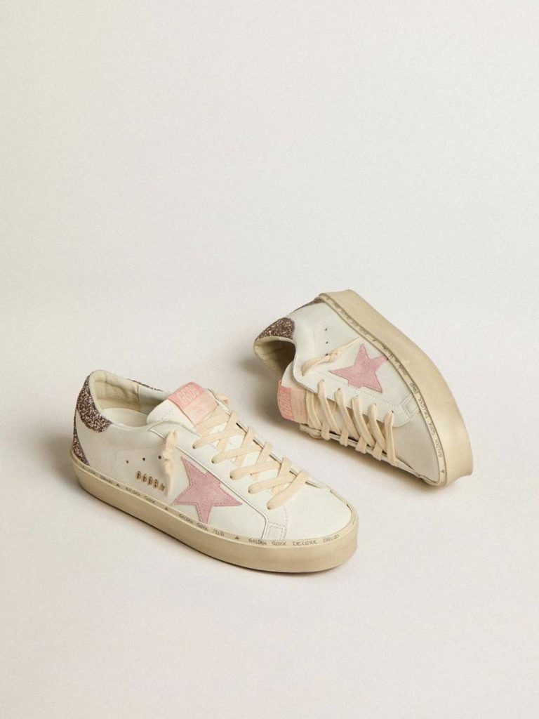 Women White Hi Star Hi Star In White Leather With Pink Suede Star And Pink Glitter Heel Tab Golden Goose - 2