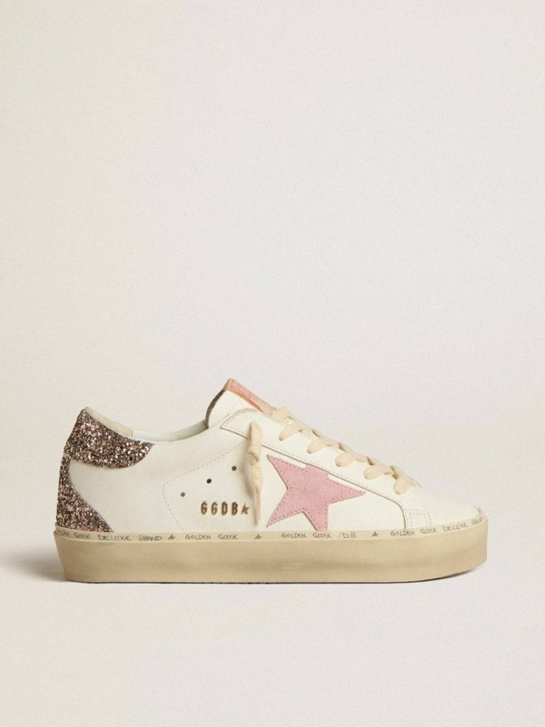 Women White Hi Star Hi Star In White Leather With Pink Suede Star And Pink Glitter Heel Tab Golden Goose - 1