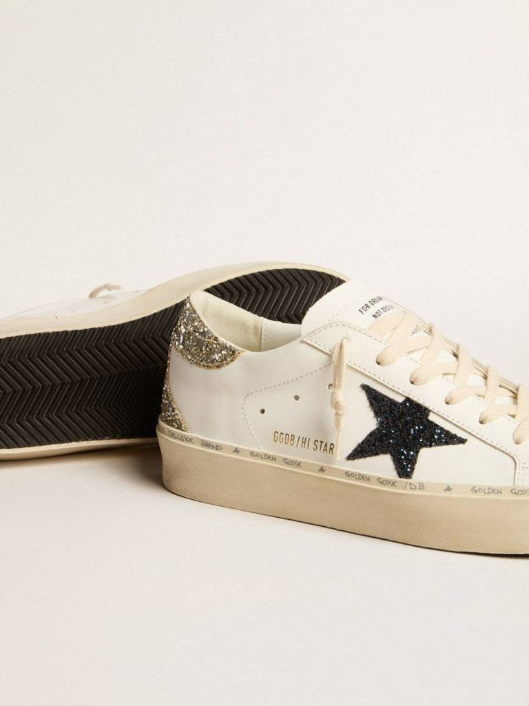 Women White Women's Hi Star With Blue Glitter Star And Platinum Glitter Heel Tab Hi Star Golden Goose - 3