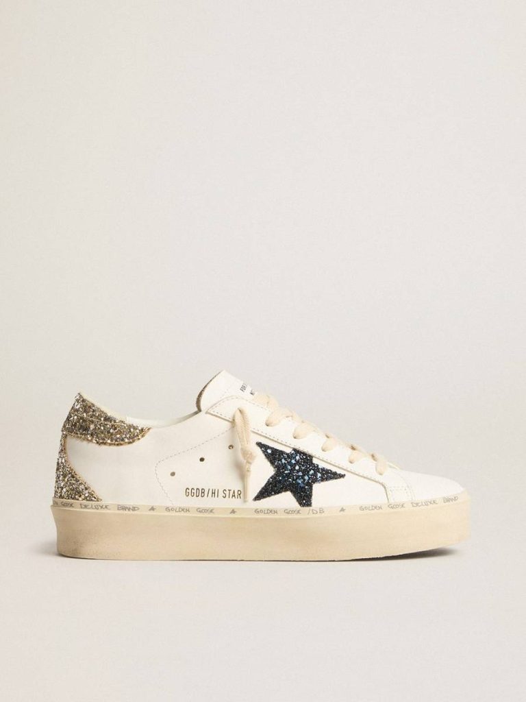 Women White Women's Hi Star With Blue Glitter Star And Platinum Glitter Heel Tab Hi Star Golden Goose - 1
