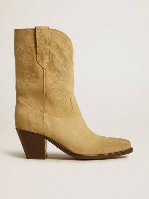 Women Wish Star Low Boots In Sand-Colored Waxed Suede With Star Embroidery Boots Golden Goose - 1