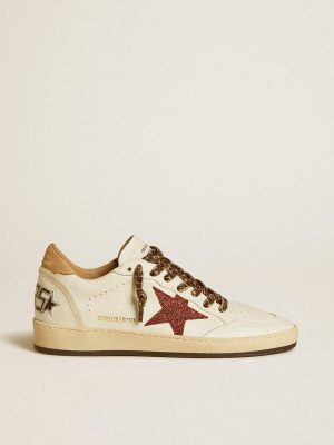 Women Women's Ball Star Ltd With Burgundy Glitter Star And Beige Suede Heel Tab Golden Goose Ball Star White - 1