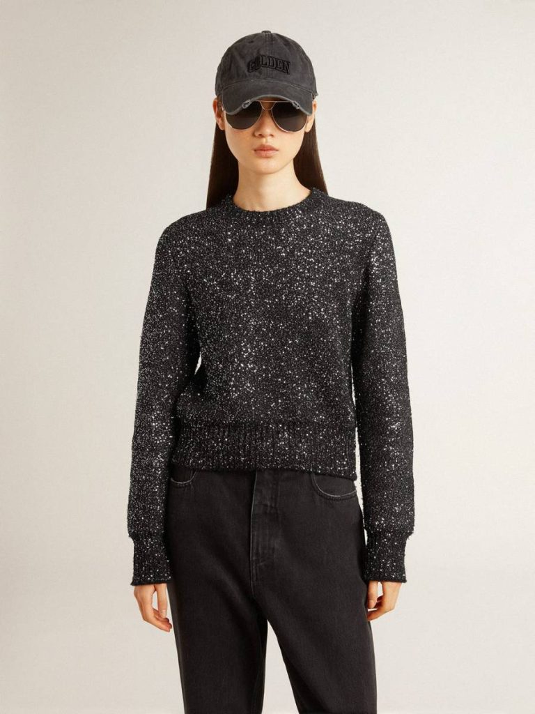 Women Women's Black Wool Blend Cropped Sweater With All-Over Sequins Black Knitwear Golden Goose - 2