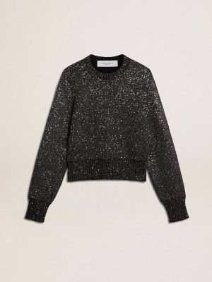Women Women's Black Wool Blend Cropped Sweater With All-Over Sequins Black Knitwear Golden Goose - 1