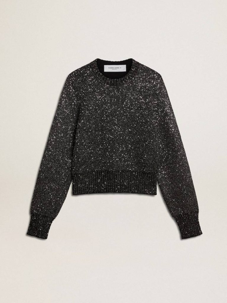 Women Women's Black Wool Blend Cropped Sweater With All-Over Sequins Black Knitwear Golden Goose - 1