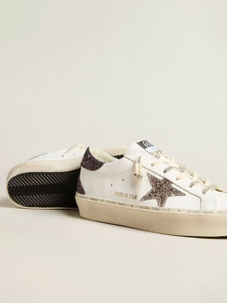 Women Women’s Hi Star With Silver Glitter Star And Ruby Red Glitter Heel Tab Golden Goose Hi Star White - 3