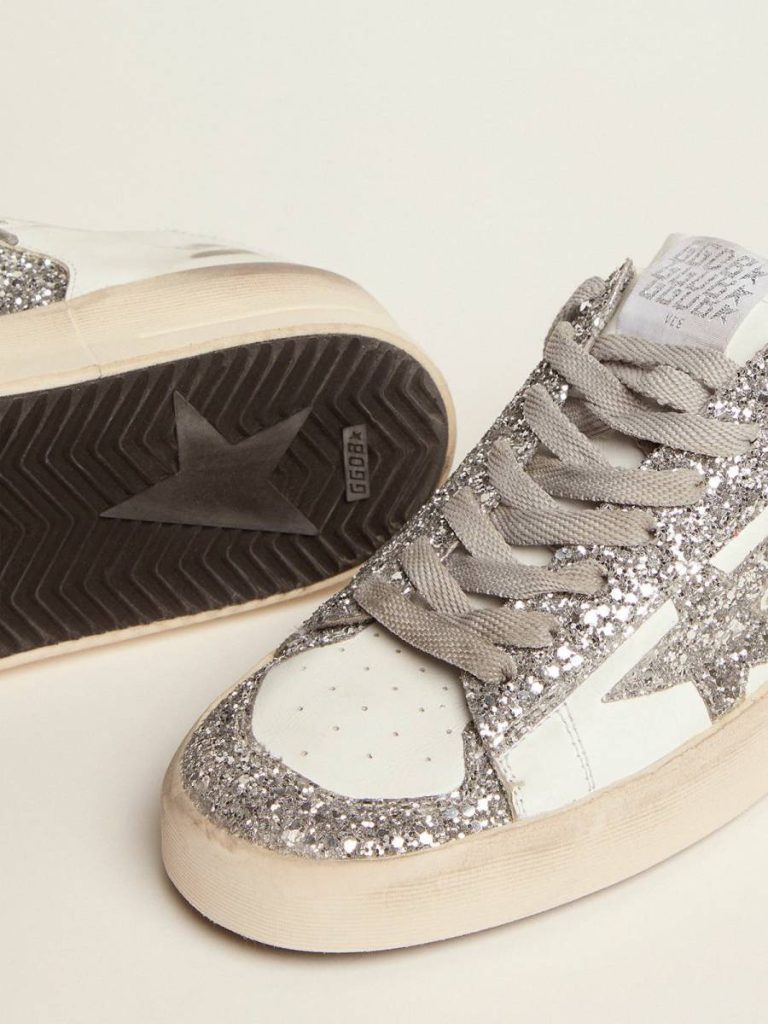 Women Women's Stardan In White Leather And Glitter Stardan Golden Goose White And Silver - 4
