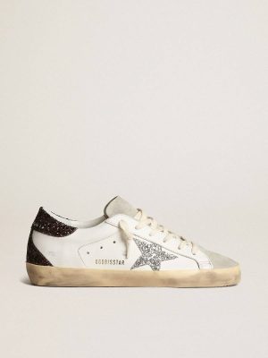 Women Women's Super-Star With Silver Star And Brown Glitter Heel Tab Super-Star Golden Goose White - 1