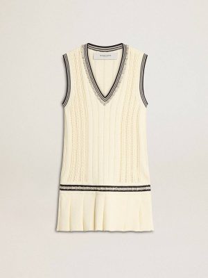 Women Worn White Women's Worn-White Cotton Vest Dress With Dark Blue Ribbing And Crystals Golden Goose Dresses & Jumpsuits - 1