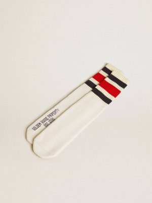 Women Worn White Worn-White Socks With Distressed Details And Black And Red Stripes Golden Goose Socks - 1