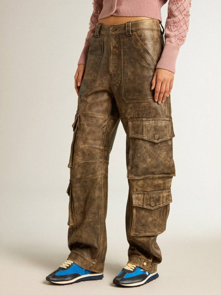 Women's Aged Brown Nappa Leather Cargo Pants Women Golden Goose Jeans & Pants Aged Brown - 2