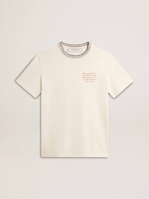 Women's Aged White Cotton T-Shirt With Hand Embroidery Women Aged White T-Shirts & Tops Golden Goose - 1