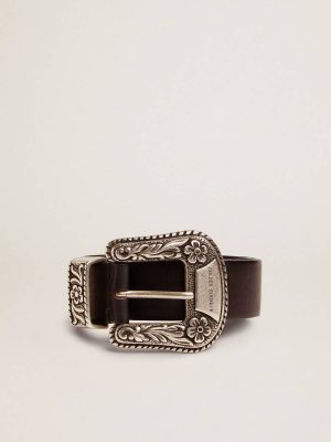 Women's Belt In Black Leather With Silver Decorated Buckle Belts Women Black Golden Goose - 1