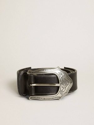 Women's Belt In Black Leather With Silver Decorations Belts Women Black Golden Goose - 1